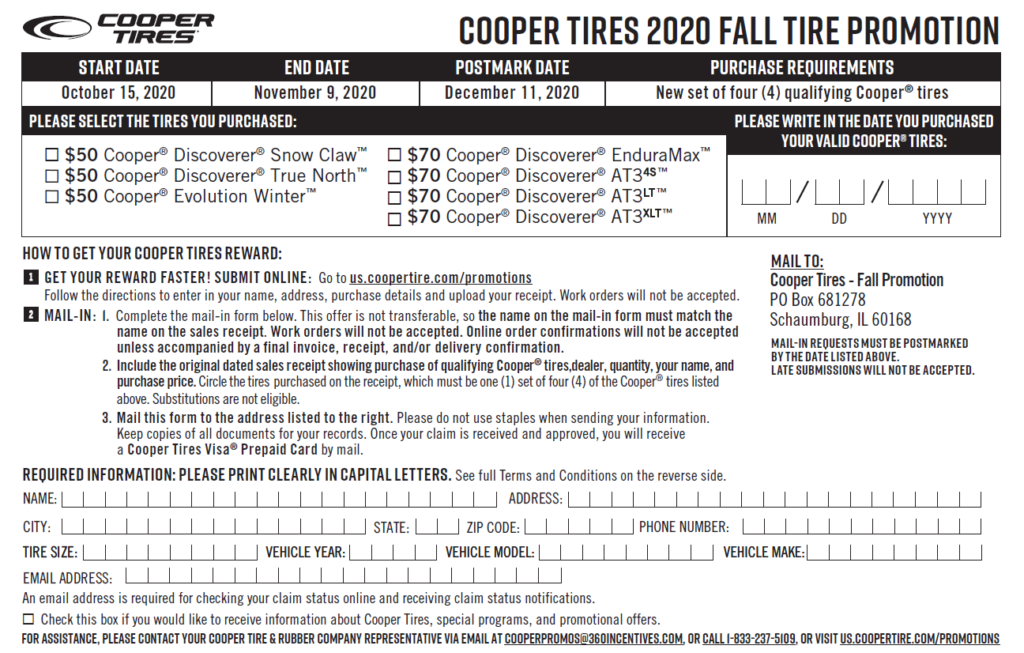 Cooper Tire Rebate Form Oct Nov 2020 Car X