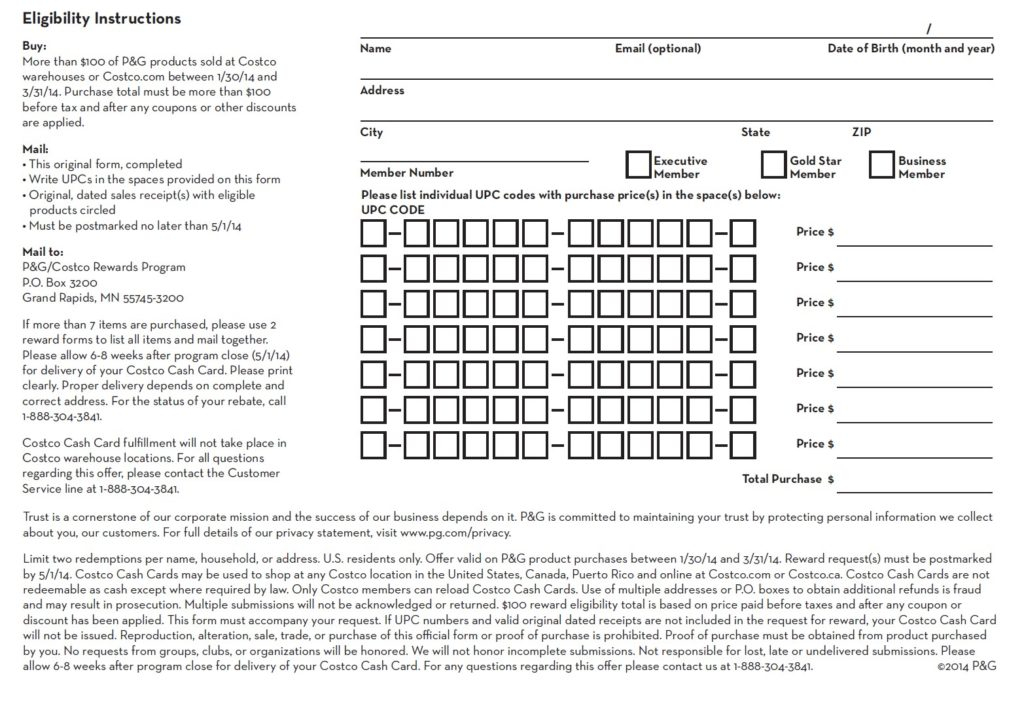 Costco P G Rebate Form 2021 Printable Rebate Form