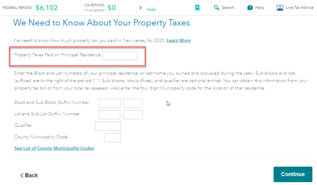 Entering Property Taxes On NJ State Return When Ta 