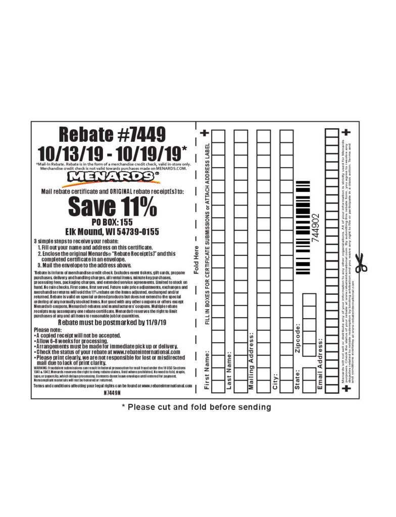 Menards 11 Rebate 7449 Purchases 10 13 19 10 19 19 Printable Form 2021