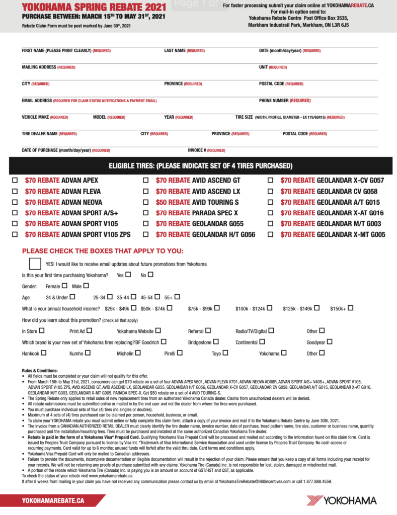 Yokohama Rebate Form 2021 Printable Rebate Form