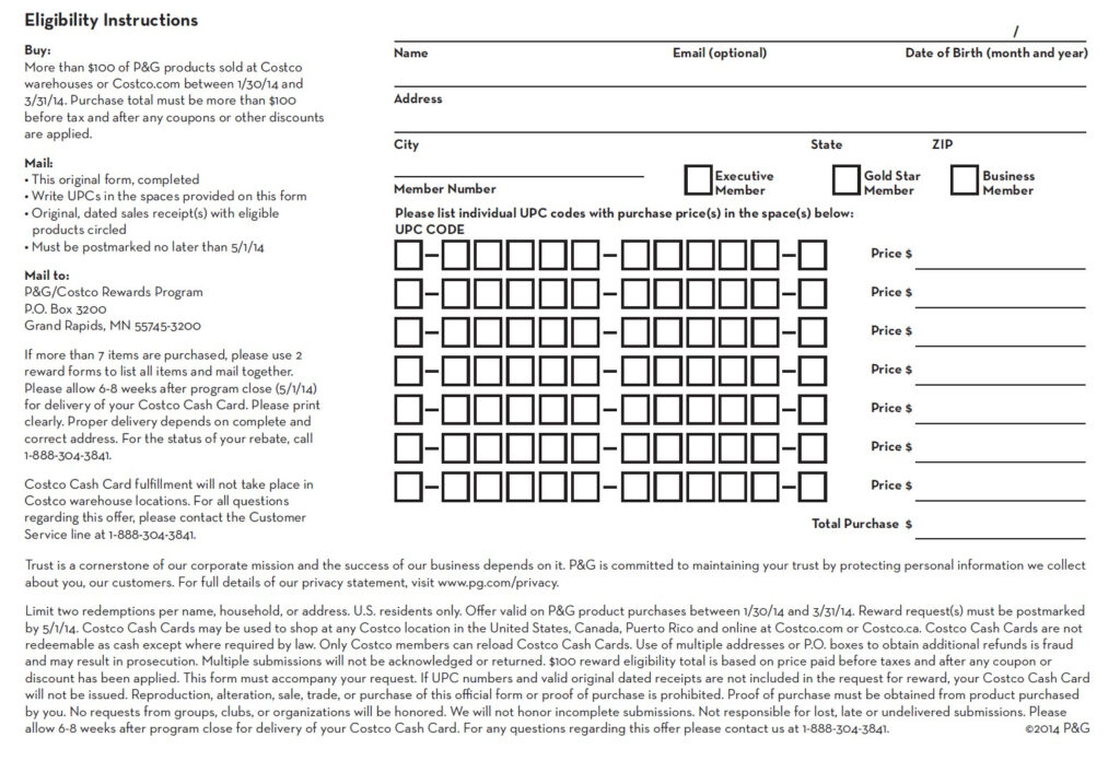 Costco P G Rebate Printable Rebate Form