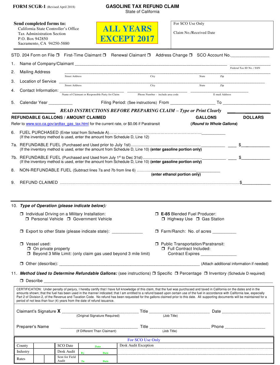 Form SCGR 1 Download Fillable PDF Or Fill Online Gasoline Tax Refund 