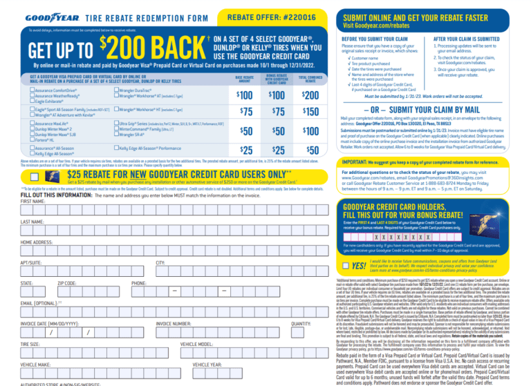 Goodyear Rebate Form December 2022 Article Printable Rebate Form