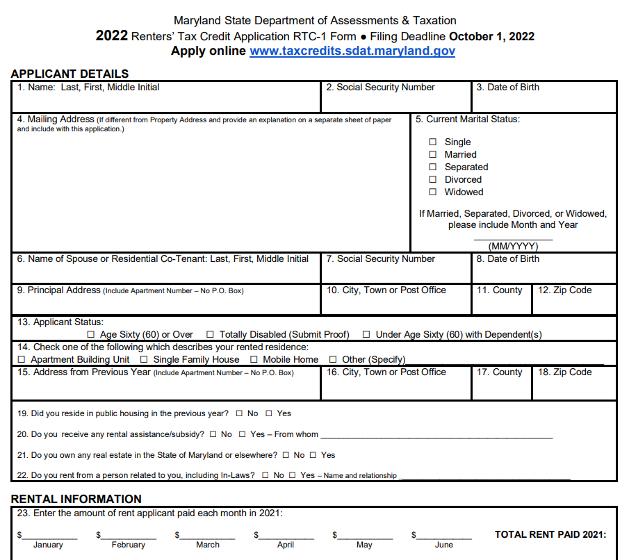 Maryland Renters Rebate 2024 Printable Rebate Form