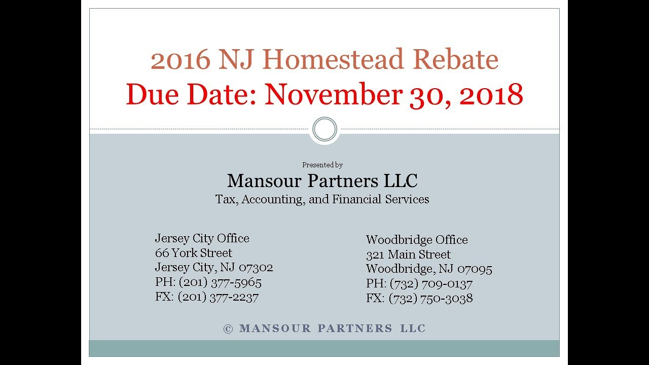 NJ Homestead Rebate Due 11 30 2018 YouTube