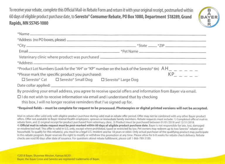 Seresto Mail In Rebate 2024 Printable Rebate Form