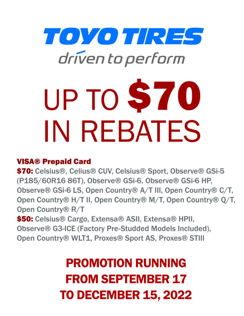 Toyo Fall 2022 Rebates Eccles Auto Service