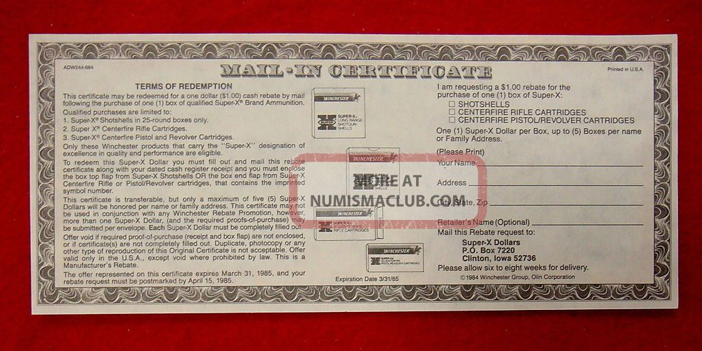 Winchester X Dollar Mail In Certificate One Dollar Rebate Value