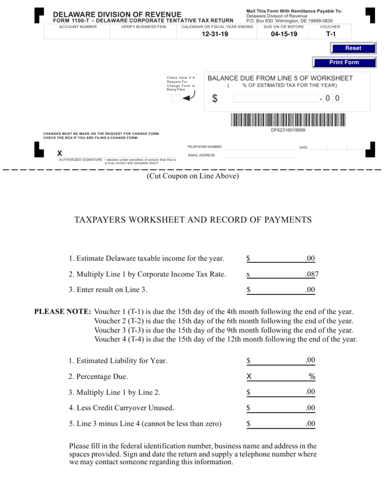 Form 1100 T 1 Download Fillable PDF Or Fill Online Delaware Corporate 