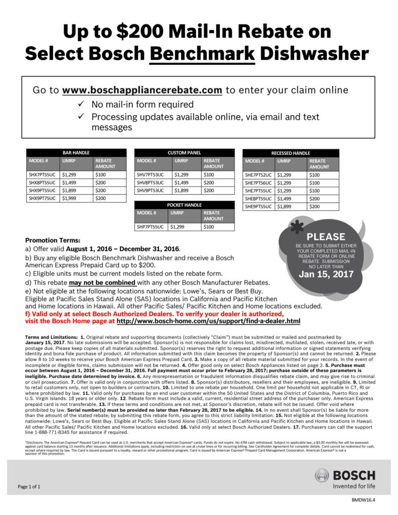 Bosch 200 Rebate On Select Benchmark Dishwasher pdf DocDroid