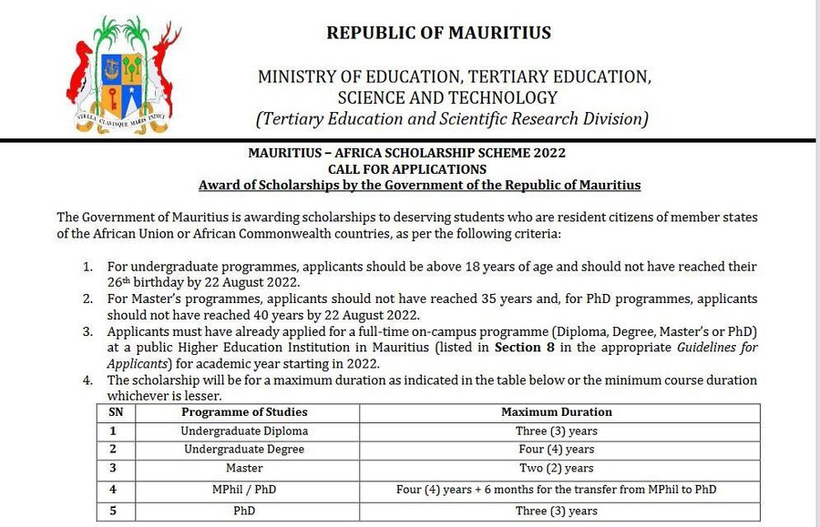 Mauritius Africa Scholarship Scheme 2024 For South Africans Diploma 